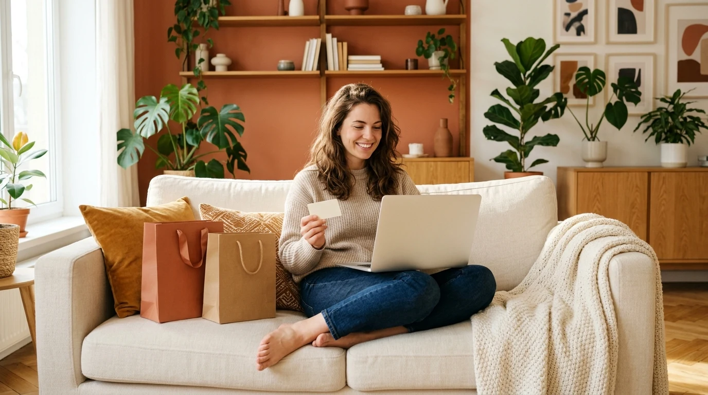 Consumidora comparando produtos e aproveitando cupons no Comprando na Internet